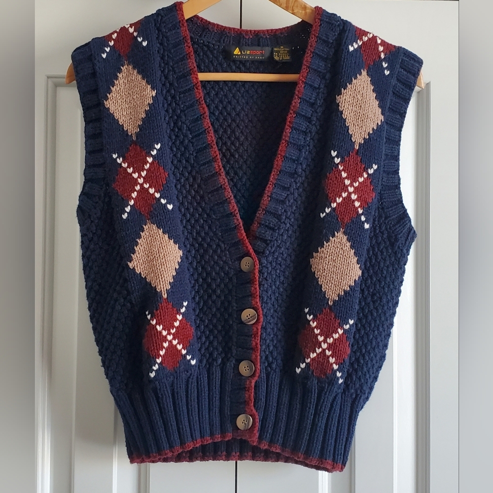 Vintage Womens Liz Sport Hand Knitted Sweater Vest Argyle Button Down Medium